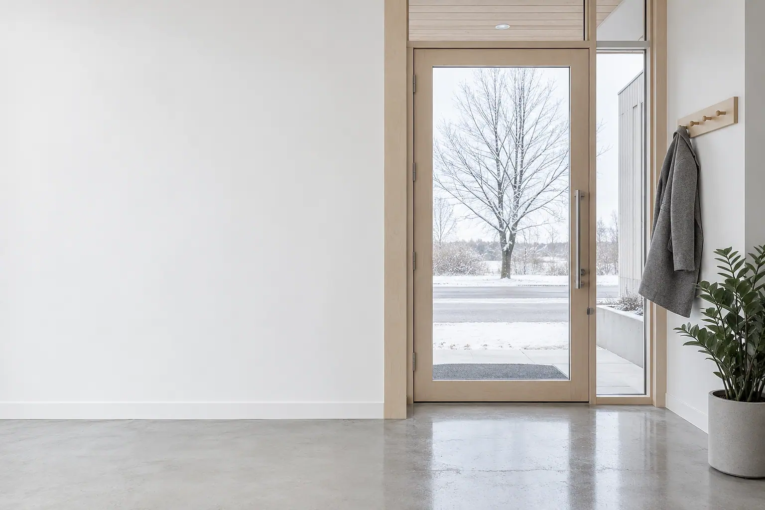 The entrance seen from inside: a glass door in a birch frame with a snowy street beyond, a grey wool coat on a single hook