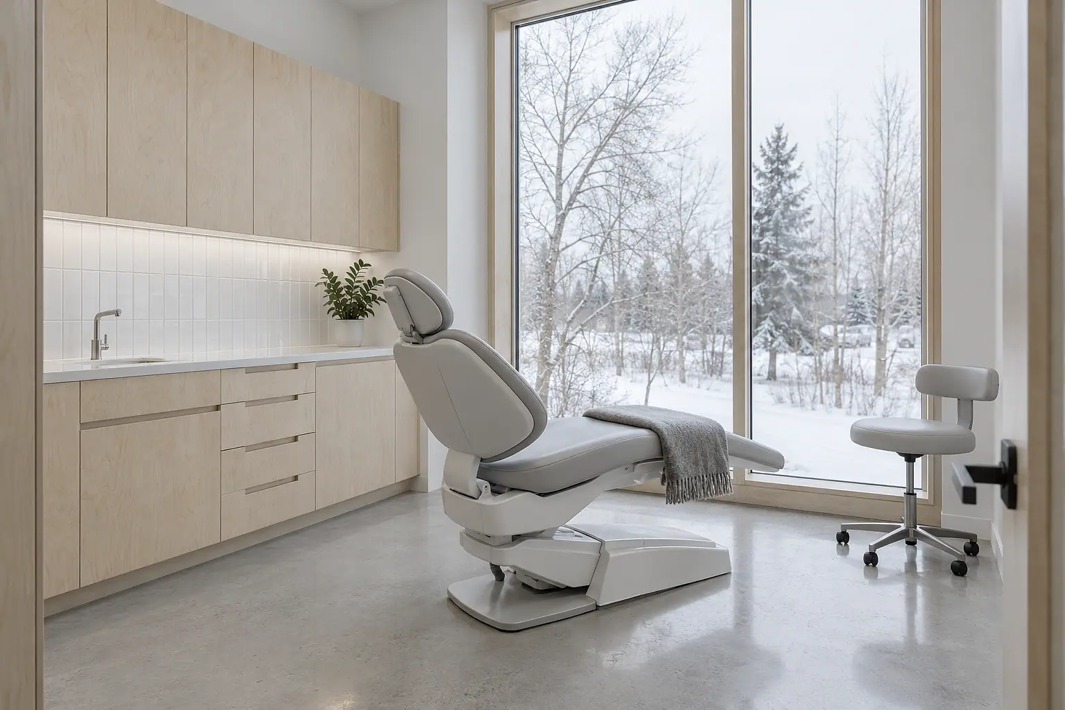 A treatment room: a pale grey chair turned toward a large window with snow and bare trees outside, a grey blanket folded on the seat