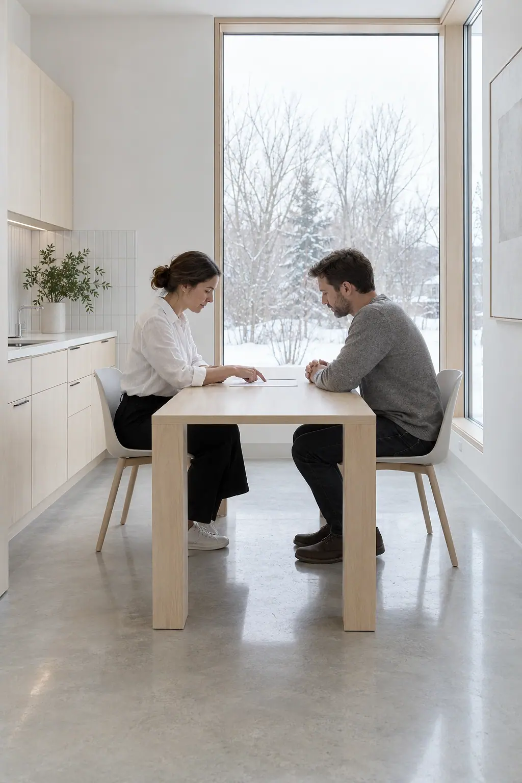 The consultation room: a dentist and a patient at a birch table by the window, both looking down at one sheet of paper