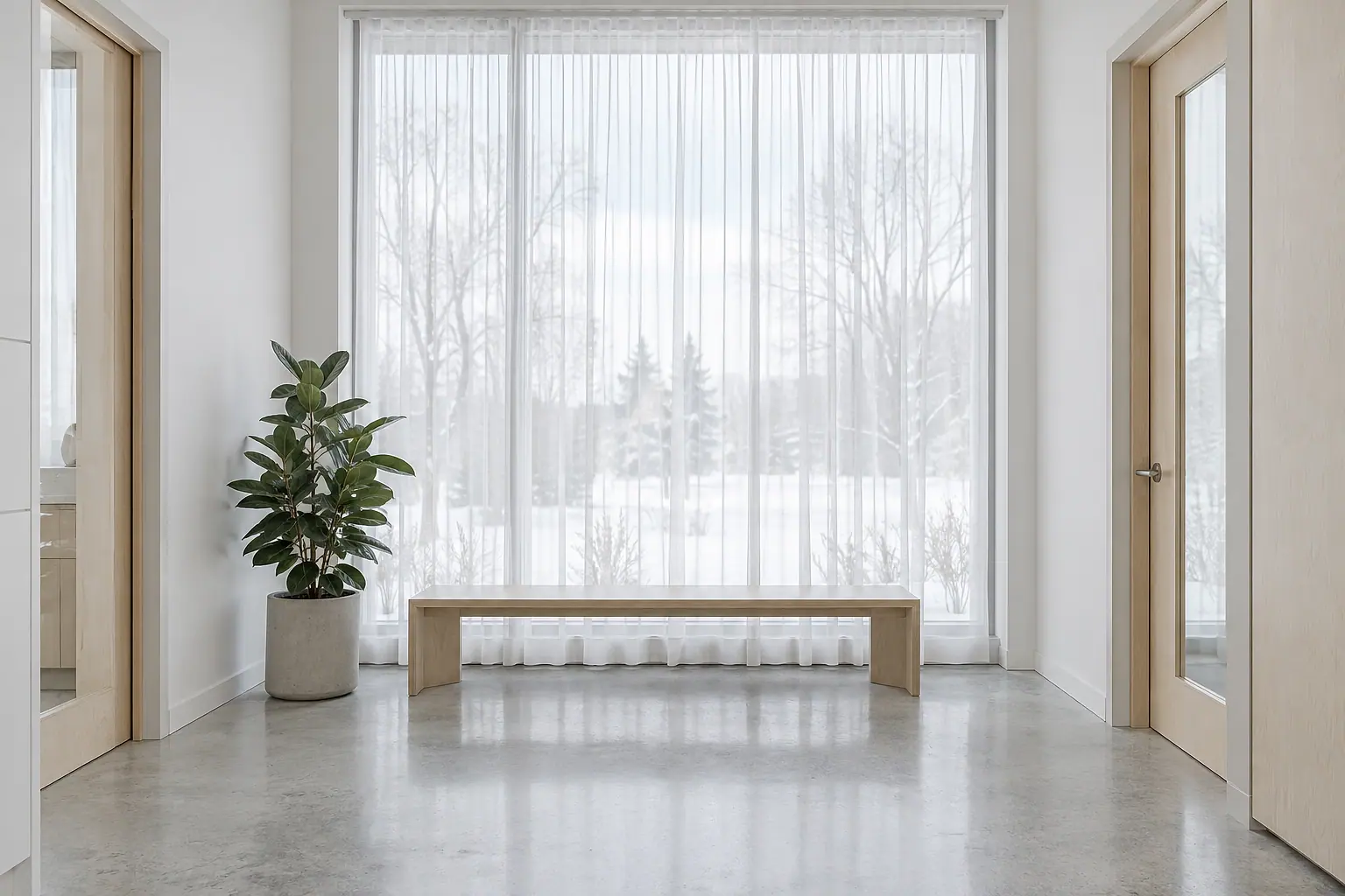 The end of the corridor: a tall window with a sheer curtain over the snow, a low birch bench beneath it and one plant