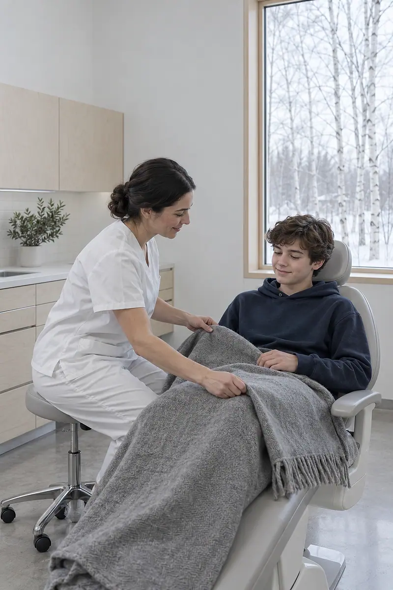 In a treatment room, the hygienist lays a grey blanket over a teenage patient's knees as he sits back in the chair, snow in the window behind them