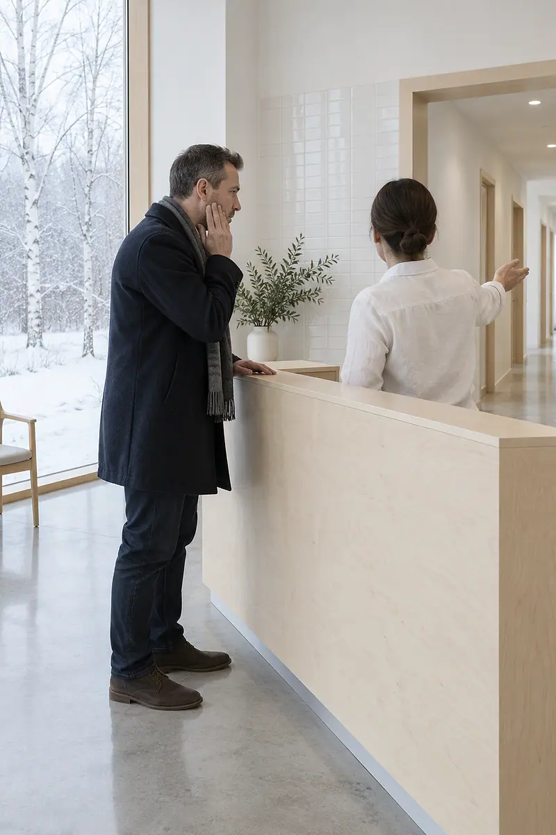 At the birch front desk early in the morning, a man in a navy coat with a hand to his jaw is shown the way to the treatment rooms