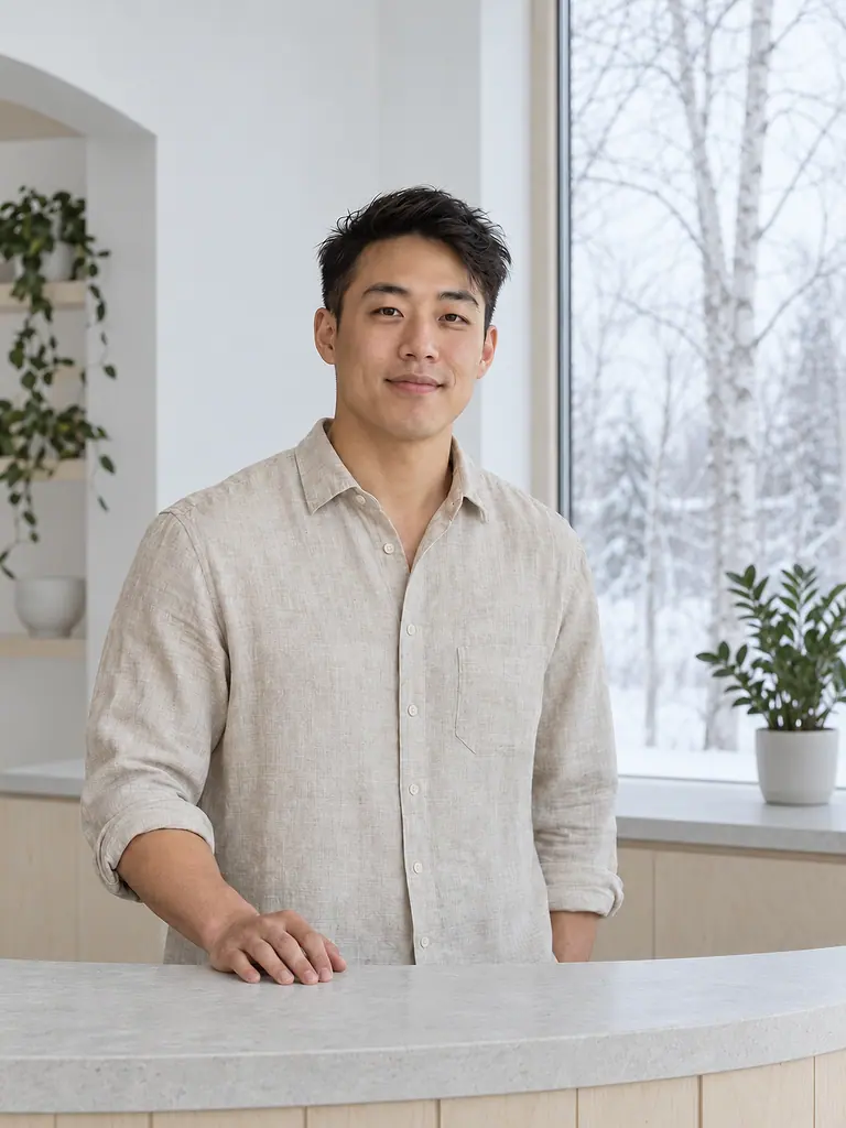 Behind the front desk with both hands on its pale stone top, in a linen shirt, birch trees in the snow outside