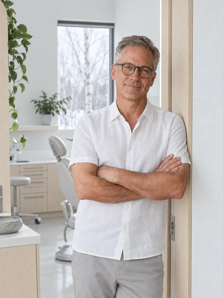 Standing in a doorway with his arms crossed, in a white linen shirt, a treatment room behind him