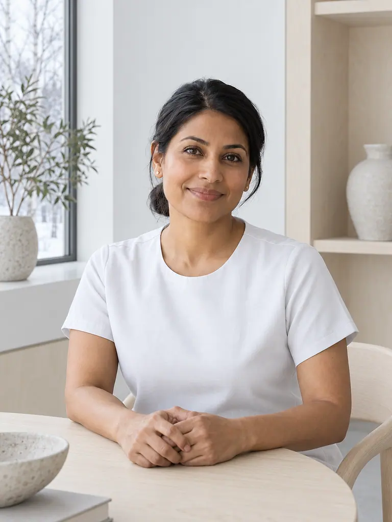 Seated at a round birch table with her hands folded, in a white scrub top