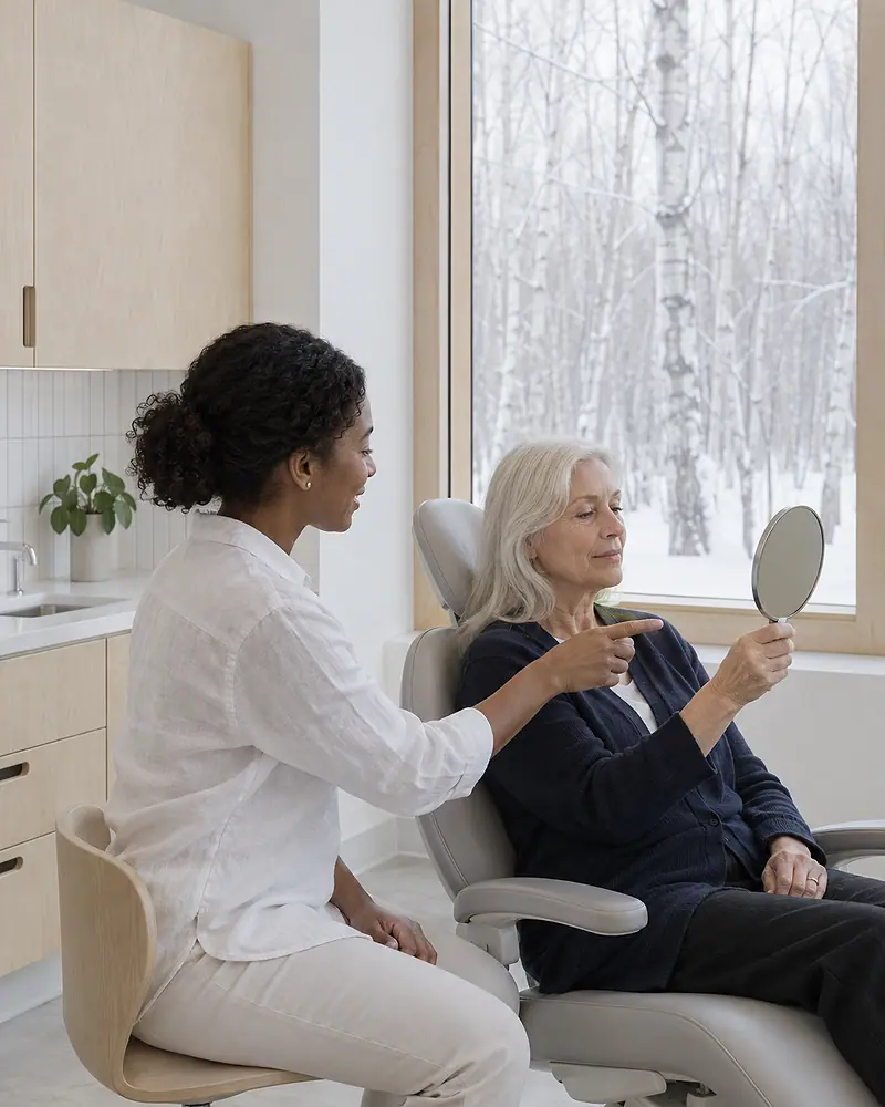 A patient sitting up in the treatment chair looks into a small hand mirror while the dentist beside her points to what she is seeing