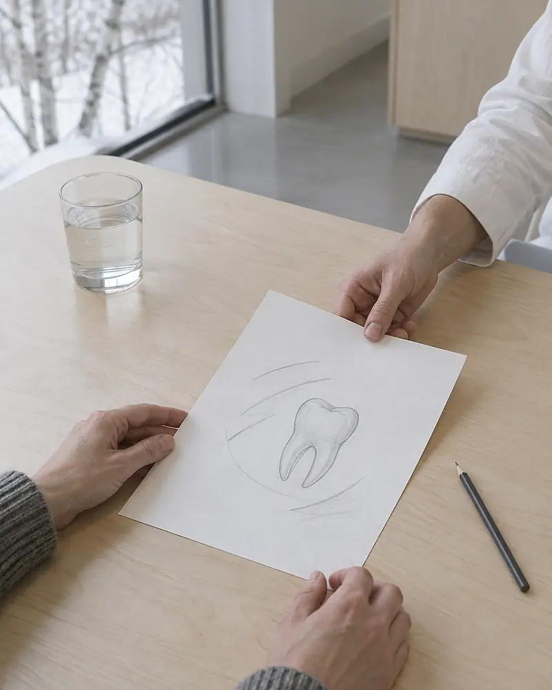 Across a birch table, the dentist slides a sheet with a pencil sketch of a tooth toward the patient's hands
