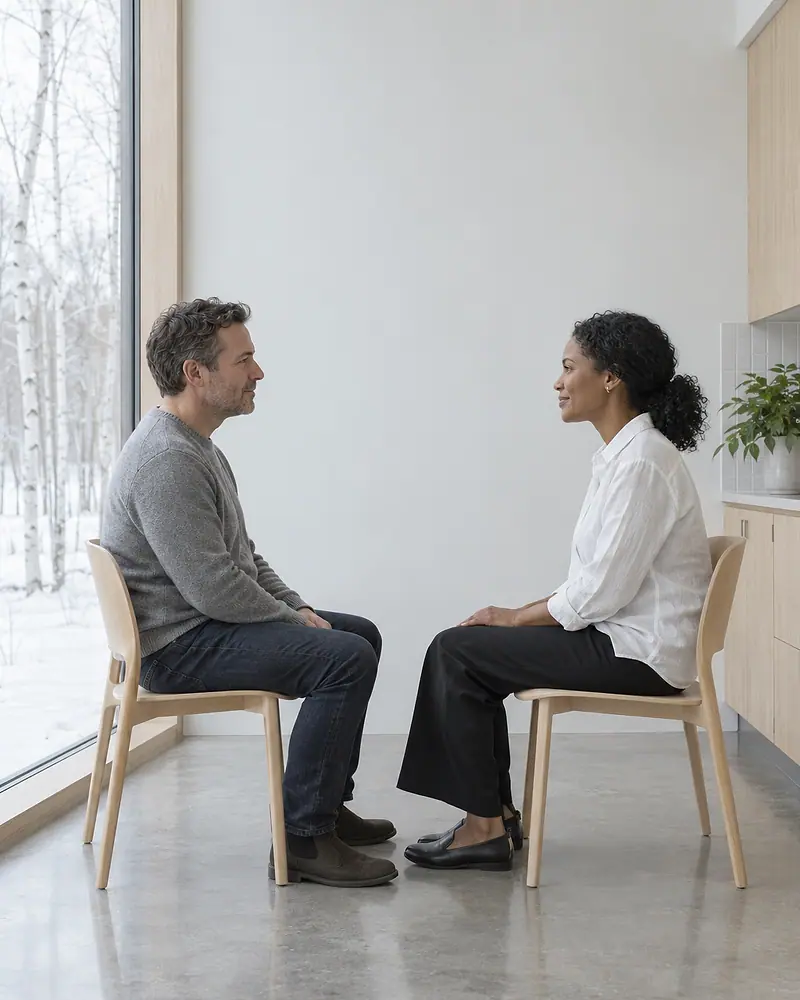 The dentist and a new patient sit facing each other by a tall window in the consultation room, talking