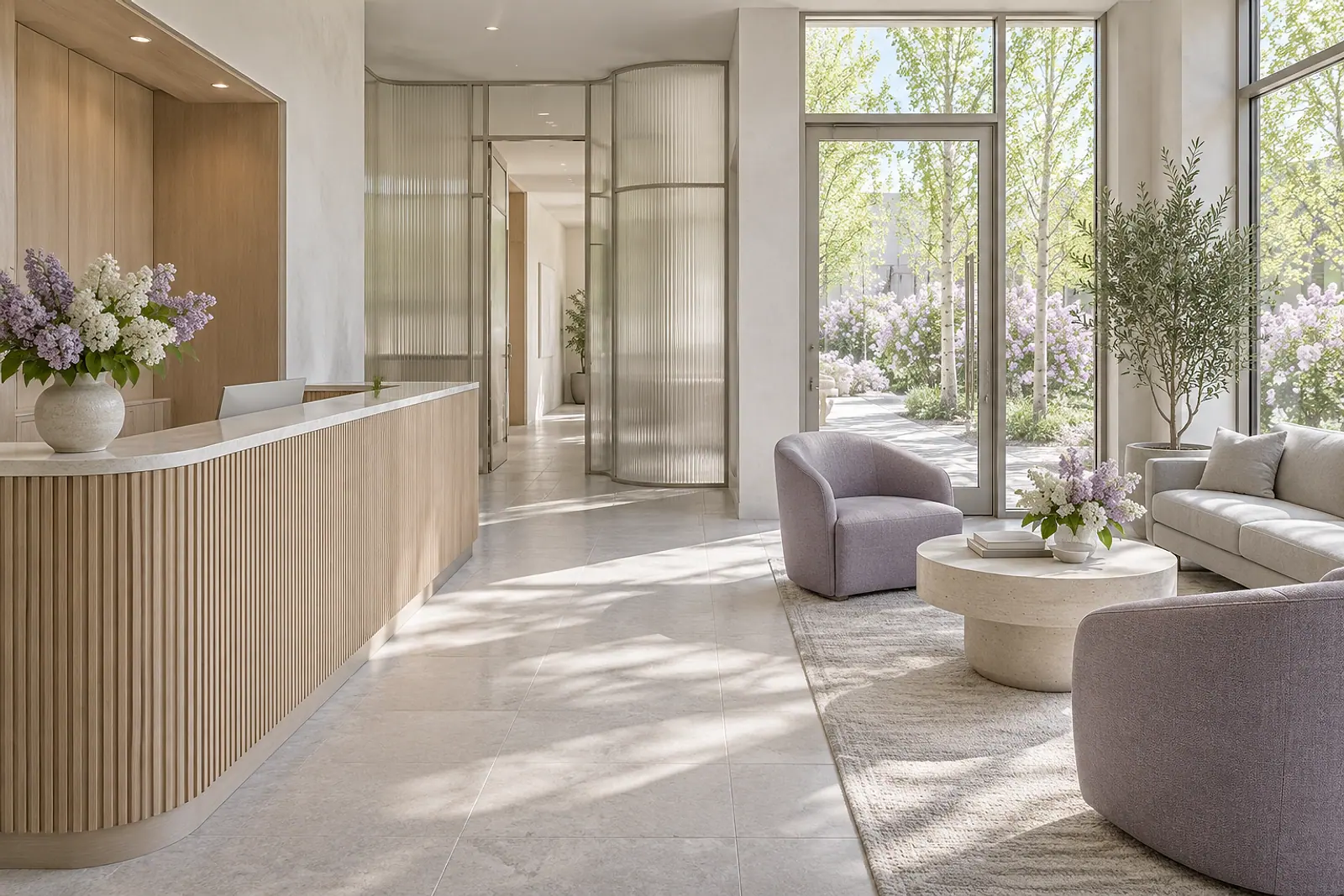 The reception on a spring morning: the fluted oak desk with lilacs on it, heather armchairs, and the glass door open onto the aspens