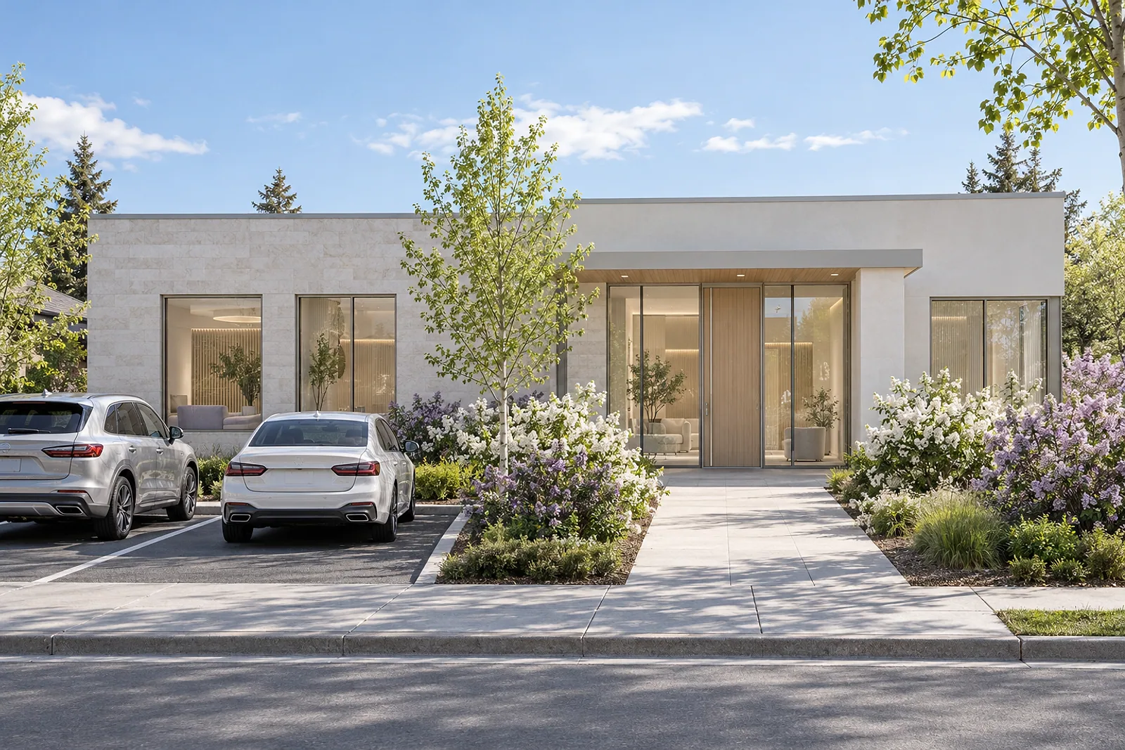 The clinic from the street on a spring morning: a low limestone building with an oak and glass door, a level path between lilacs, and two cars parked in front