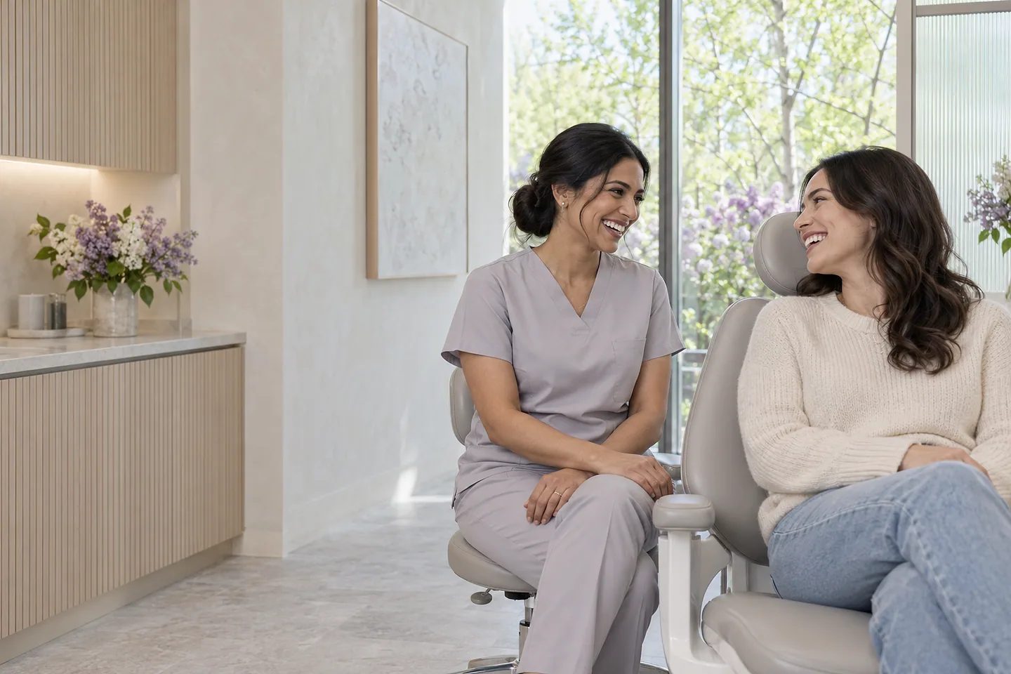 After a check-up: a woman in a cream sweater sits up in the dental chair, laughing with Priya on the stool beside her, aspens bright in the window