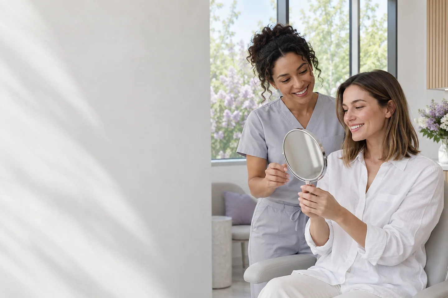 A patient looking at her smile in a hand mirror, the dentist leaning in beside her