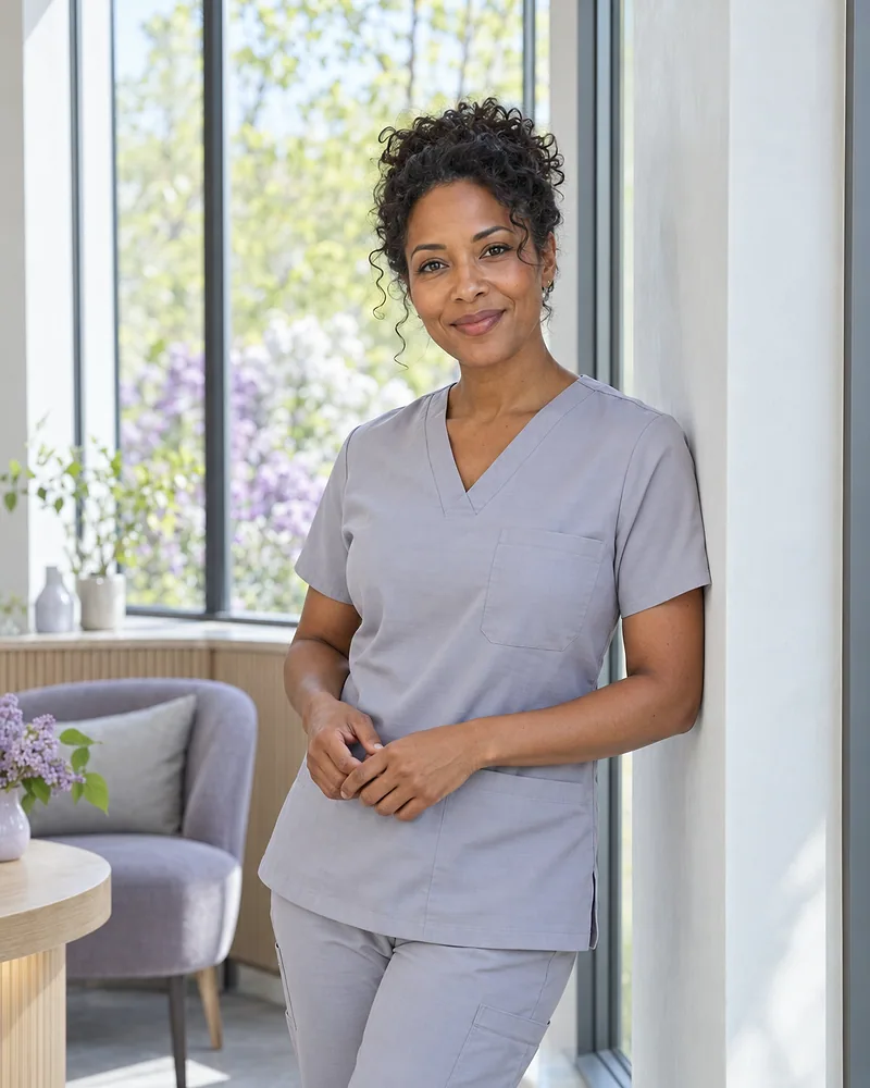 Dr. Hana Okafor by the consultation-room window, lilacs outside, smiling