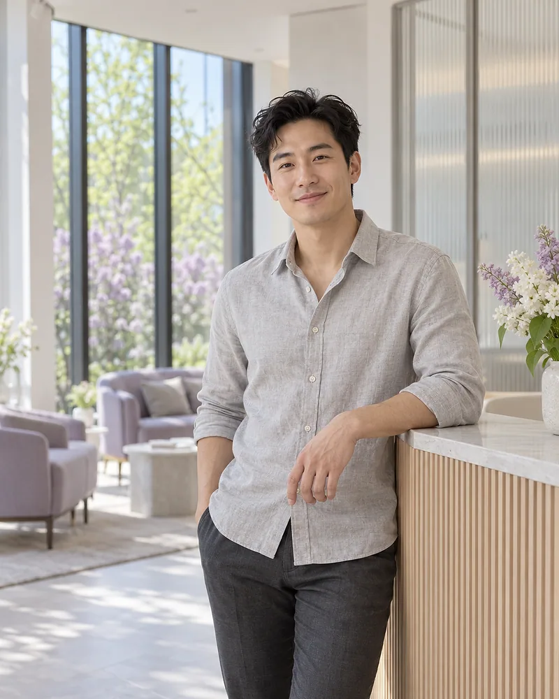 Jordan Lee leaning on the oak reception desk, smiling