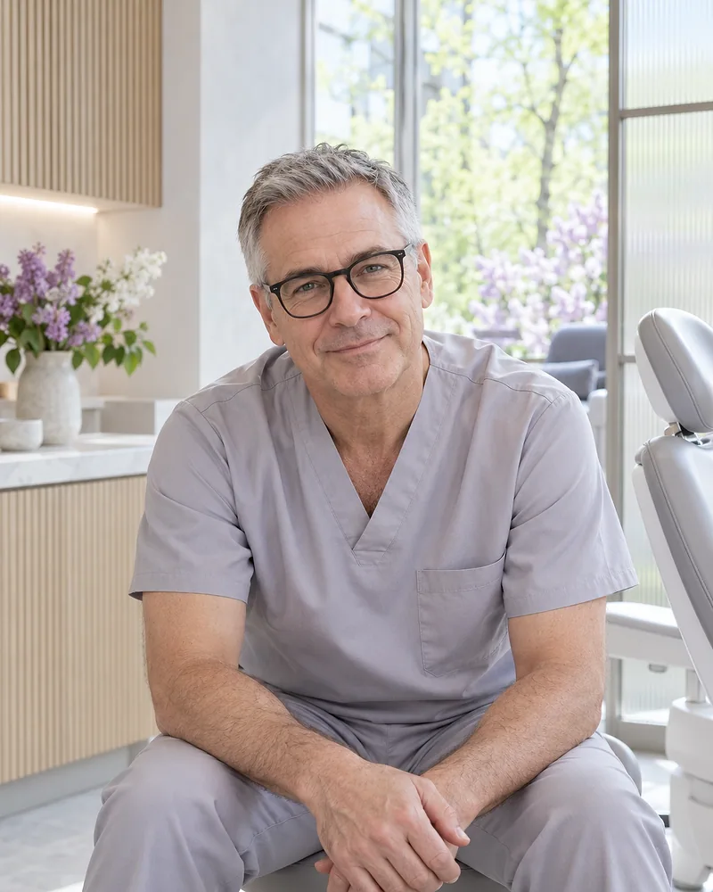 Dr. Marc Deslauriers on a low stool beside the dental chair, leaning forward with a dry smile