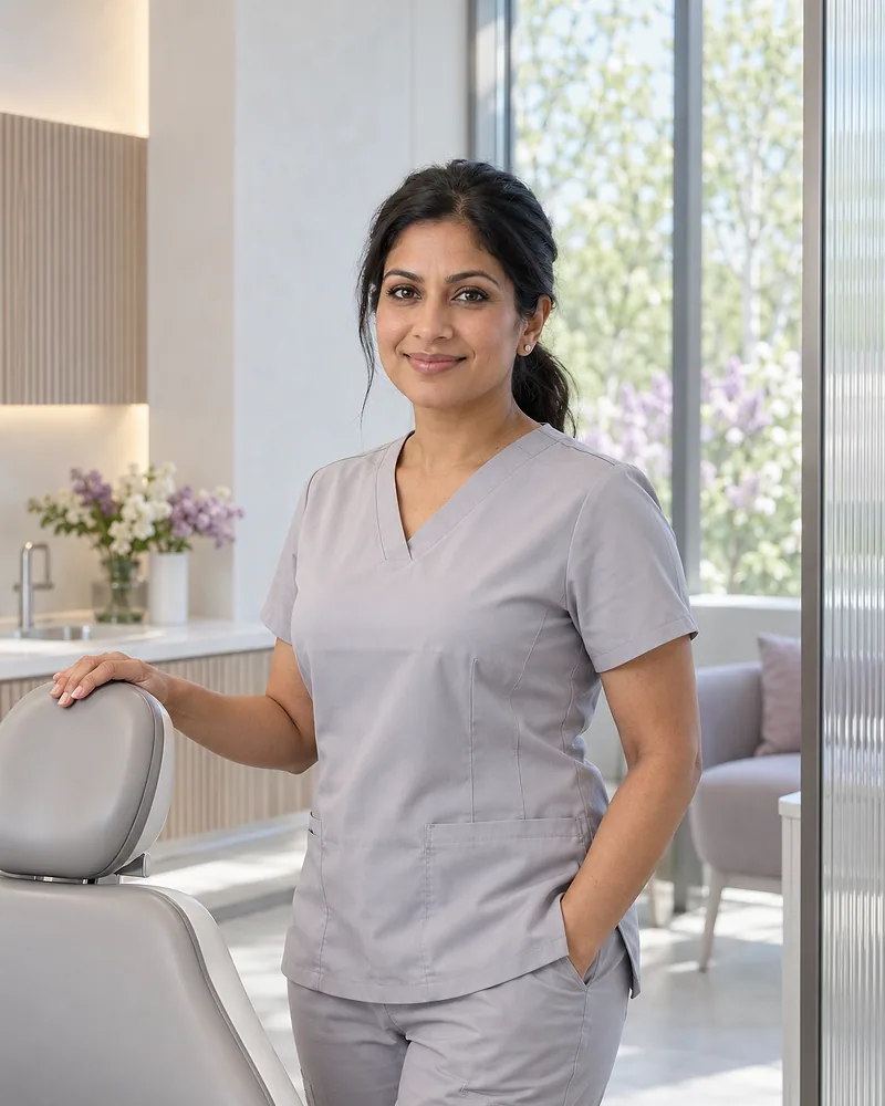 Priya Raman beside a fluted glass partition, one hand on the dental chair